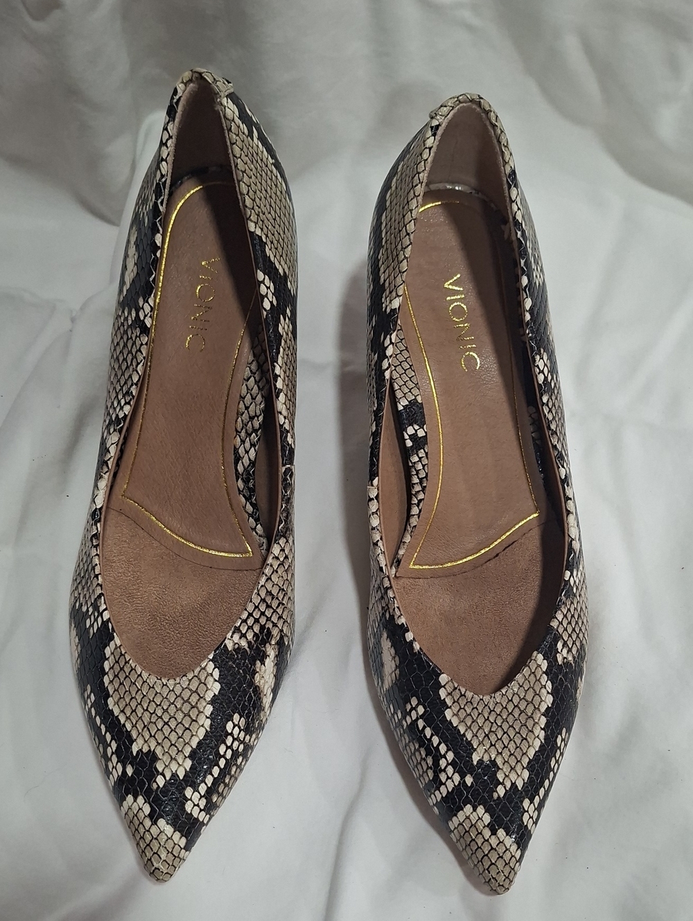 Vionic Snake-Print Pointed Flats in Black and Cream